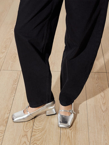 PAZZION, Kamielle Embellished Buckle Mary Jane Heels, Silver